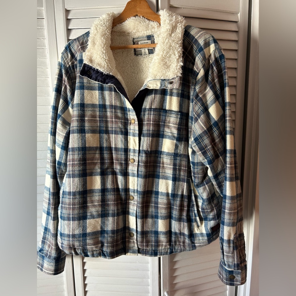 L.L. Bean Women's Checkered Teddy Jacket - Blue and Cream